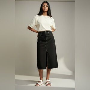 Pistola Black Denim Midi Skirt Front Slit Raw Hem Size 30